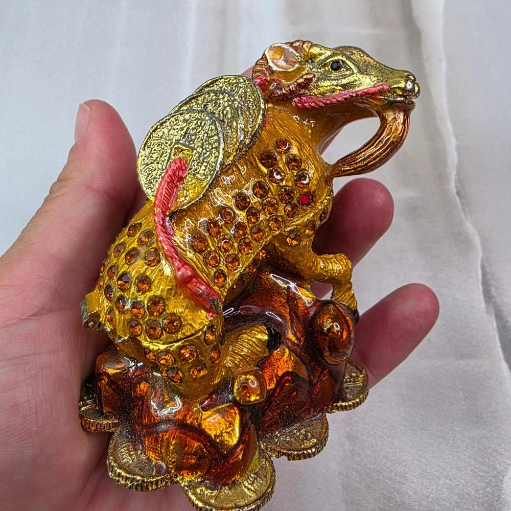 Chinese‎ Zodiac Ram Goat Trinket Box Enamel Crystal Prosperity Figurine 3.25
